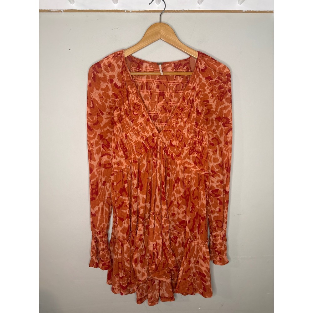 Free People Smocked Mini Dress Orange Animal Print Boho Size Small